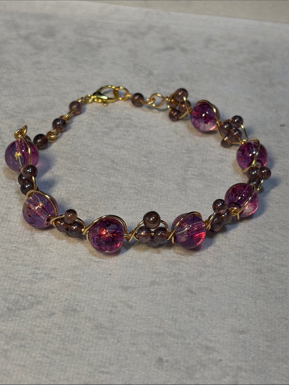 Handcrafted Purple Glass Bead Bracelet with Gold Wire Accents